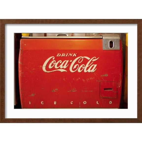 Art.com Vintage Drink Coca Cola Ice Cold Coke Vending Machine Photo Poster Art Print, Brown Frame Wall Art, 23" x 17"