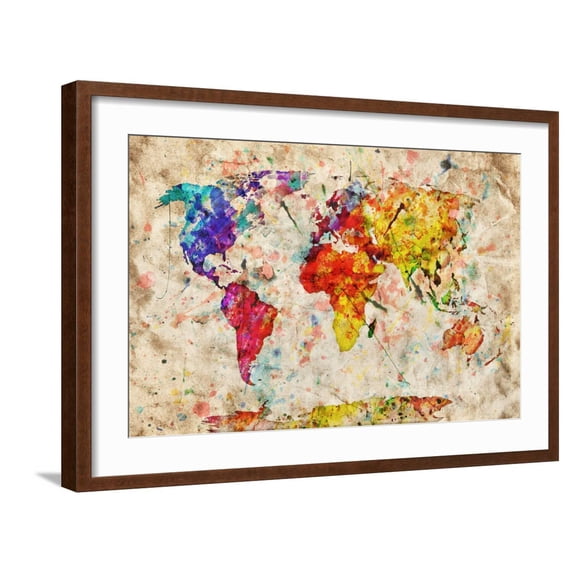 Art.com Vintage World Map. Colorful Paint, Watercolor, Retro Style Expression on Grunge, Old Paper. Art Print by Michal Bednarek, Brown Frame Wall Art, 29" x 21"