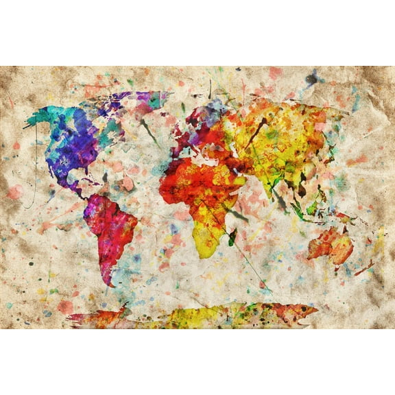 Art.com Vintage World Map. Colorful Paint, Watercolor, Retro Style Expression on Grunge, Old Paper. Art Print by Michal Bednarek, 24" x 16"