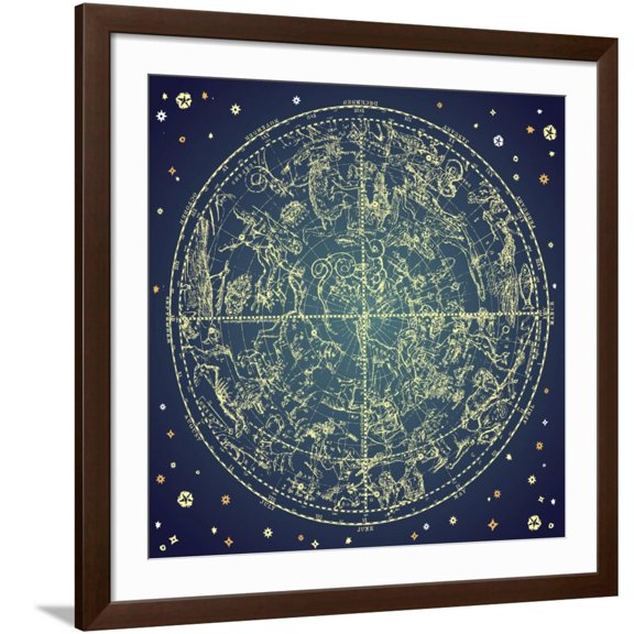 Art.com Vintage Zodiac Constellation Of Northern Stars Art Print by Alisa Foytik, Brown Frame Wall Art, 38" x 38"