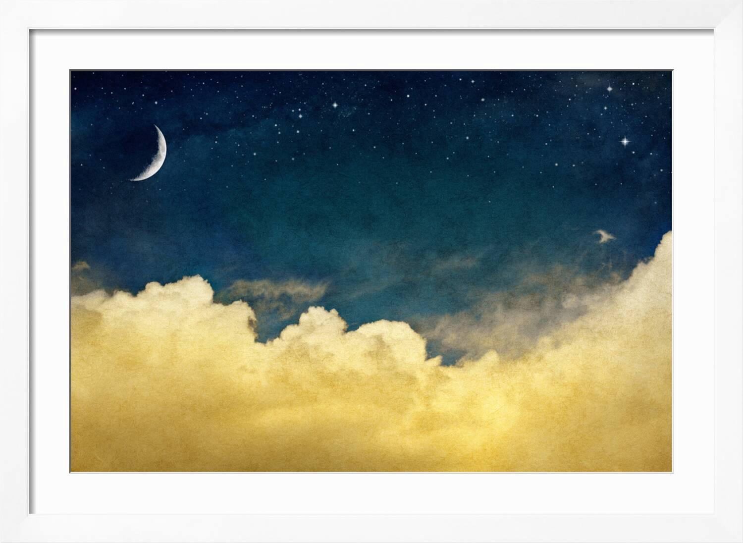 Art.com Vintage night sky with crescent moon and clouds Art Print by ...