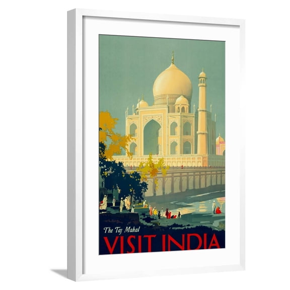 Art.com Visit India, The Taj Mahal Vintage Travel Poster Art Print, White Frame Wall Art, 21" x 29"