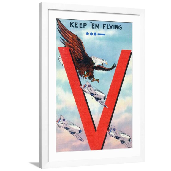 Art.com WWII Promotion - Keep 'em Flying, Eagle Flying with Planes Art Print by Lantern Press, White Frame Wall Art, 32" x 44"