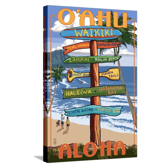Art.com Waikiki, Oahu, Hawaii - Aloha - Sign Destinations Stretched Canvas Print Wall Art by Lantern Press, 16" x 24"