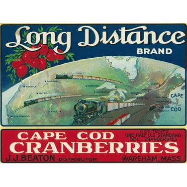 Art.com Wareham, Massachusetts, Long Distance Brand Cape Cod Cranberry Label Art Print by Lantern Press, 16" x 12"