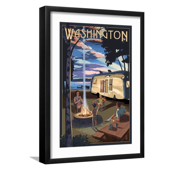 Art.com Washington - Retro Camper and Lake Art Print by Lantern Press, Black Frame Wall Art, 17" x 23"