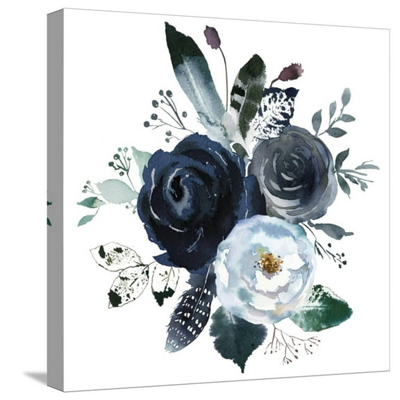 Art.com Watercolor Floral Wreath Roses Peonies Leaves Boho Grey Navy White Indigo Blue Isolated on White Ba Stretched Canvas Print Wall Art by Yuliya Podlinnova, 16" x 16"