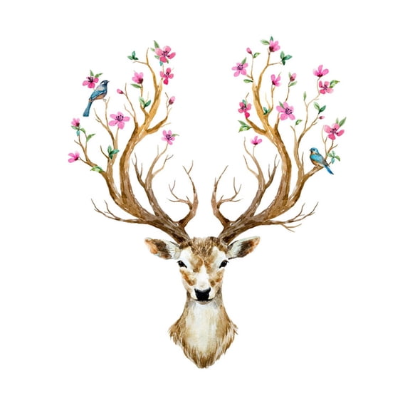 Art.com Watercolor Illustration Isolated Deer, Big Antlers, Flowers and Birds on the Horns, Branches Cherry Art Print by Anastasia Zenina-Lembrik, 24" x 24"