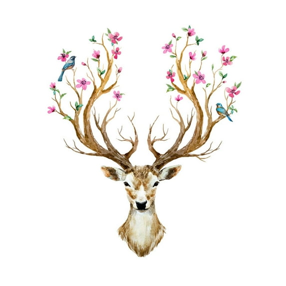 Art.com Watercolor Illustration Isolated Deer, Big Antlers, Flowers and Birds on the Horns, Branches Cherry Art Print by Anastasia Zenina-Lembrik, 30" x 30"
