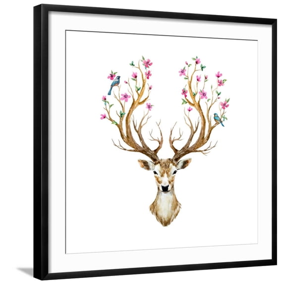 Art.com Watercolor Illustration Isolated Deer, Big Antlers, Flowers and Birds on the Horns, Branches Cherry Art Print by Anastasia Zenina-Lembrik, Black Frame Wall Art, 29" x 29"