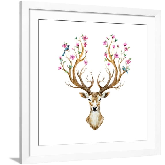Art.com Watercolor Illustration Isolated Deer, Big Antlers, Flowers and Birds on the Horns, Branches Cherry Art Print by Anastasia Zenina-Lembrik, White Frame Wall Art, 38" x 38"