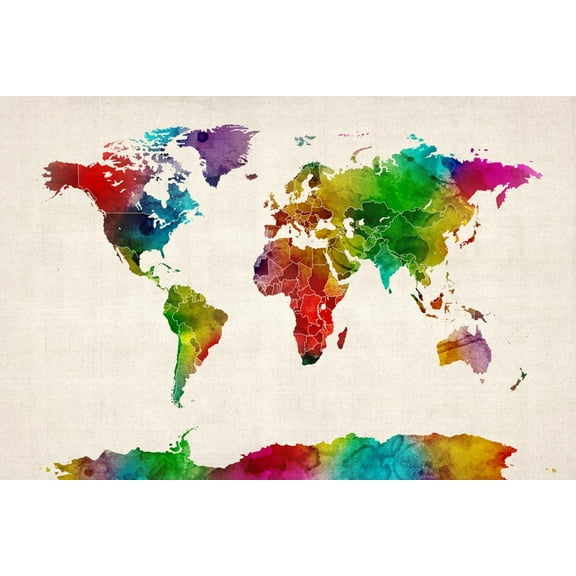 Art.com Watercolor Map of the World Map Art Print by Michael Tompsett, 24" x 16"