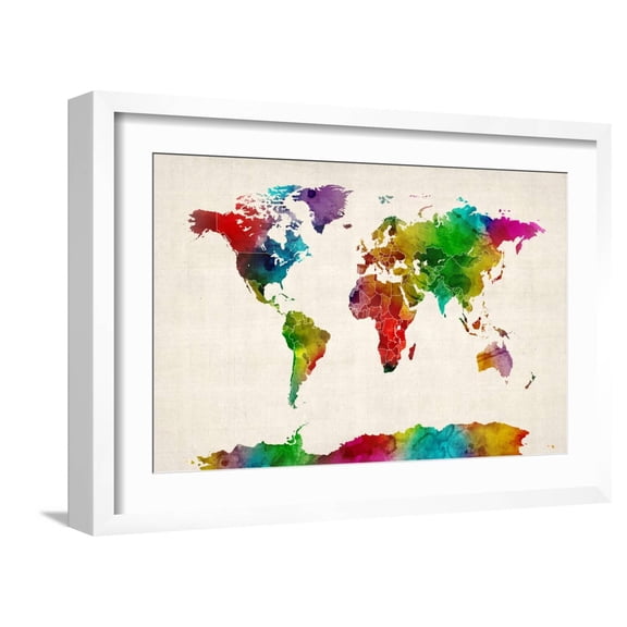 Art.com Watercolor Map of the World Map Art Print by Michael Tompsett, White Frame Wall Art, 23" x 17"