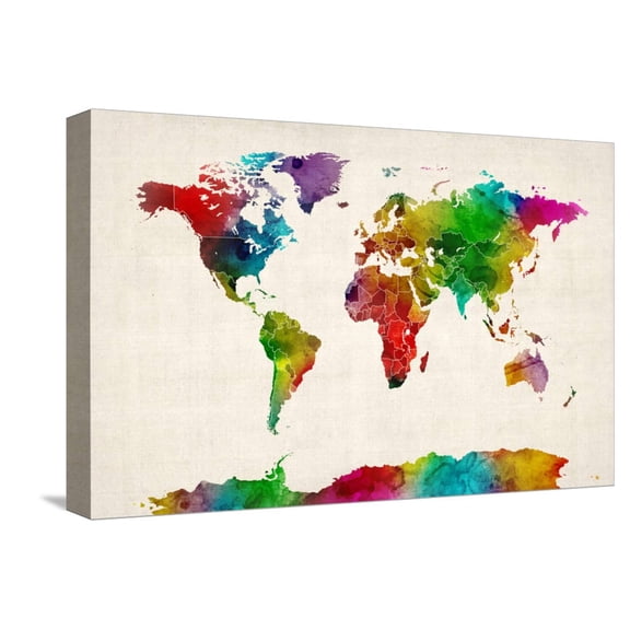 Art.com Watercolor Map of the World Map Stretched Canvas Print Wall Art by Michael Tompsett, 18" x 12"