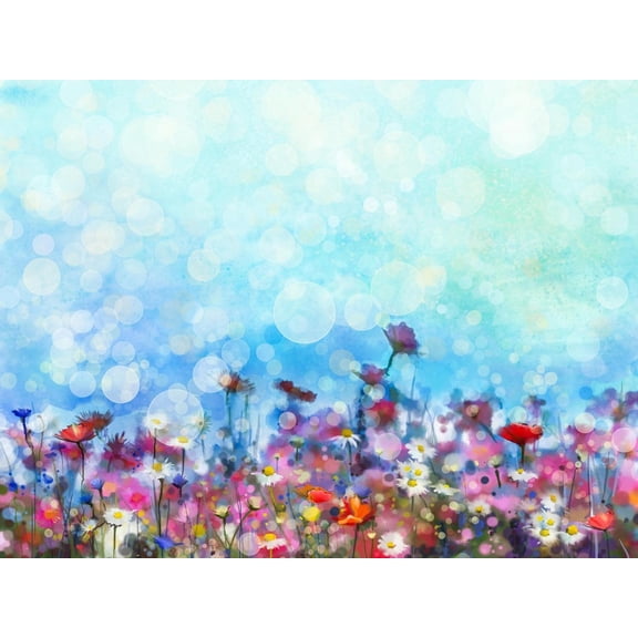 Art.com Watercolor Painting Purple Cosmos Flower, White Daisy, Cornflower, Wildflower. Flowers Meadow, Gree Art Print by pluie_r, 24" x 18"