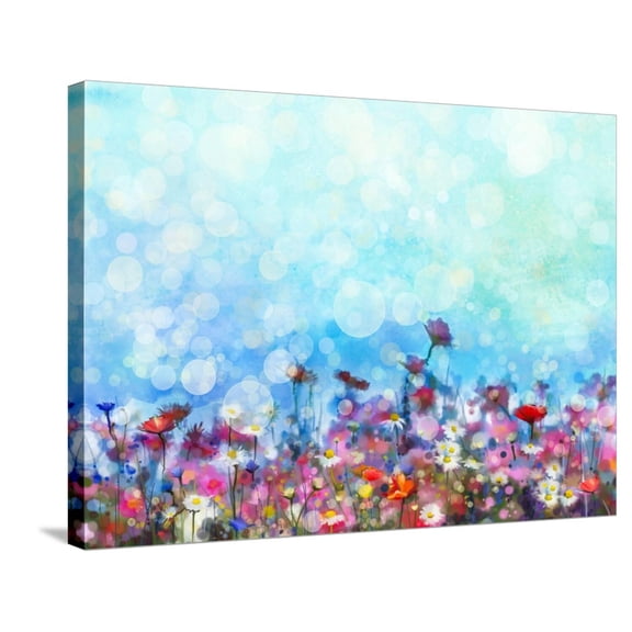 Art.com Watercolor Painting Purple Cosmos Flower, White Daisy, Cornflower, Wildflower. Flowers Meadow, Gree Stretched Canvas Print Wall Art by pluie_r, 32" x 24"
