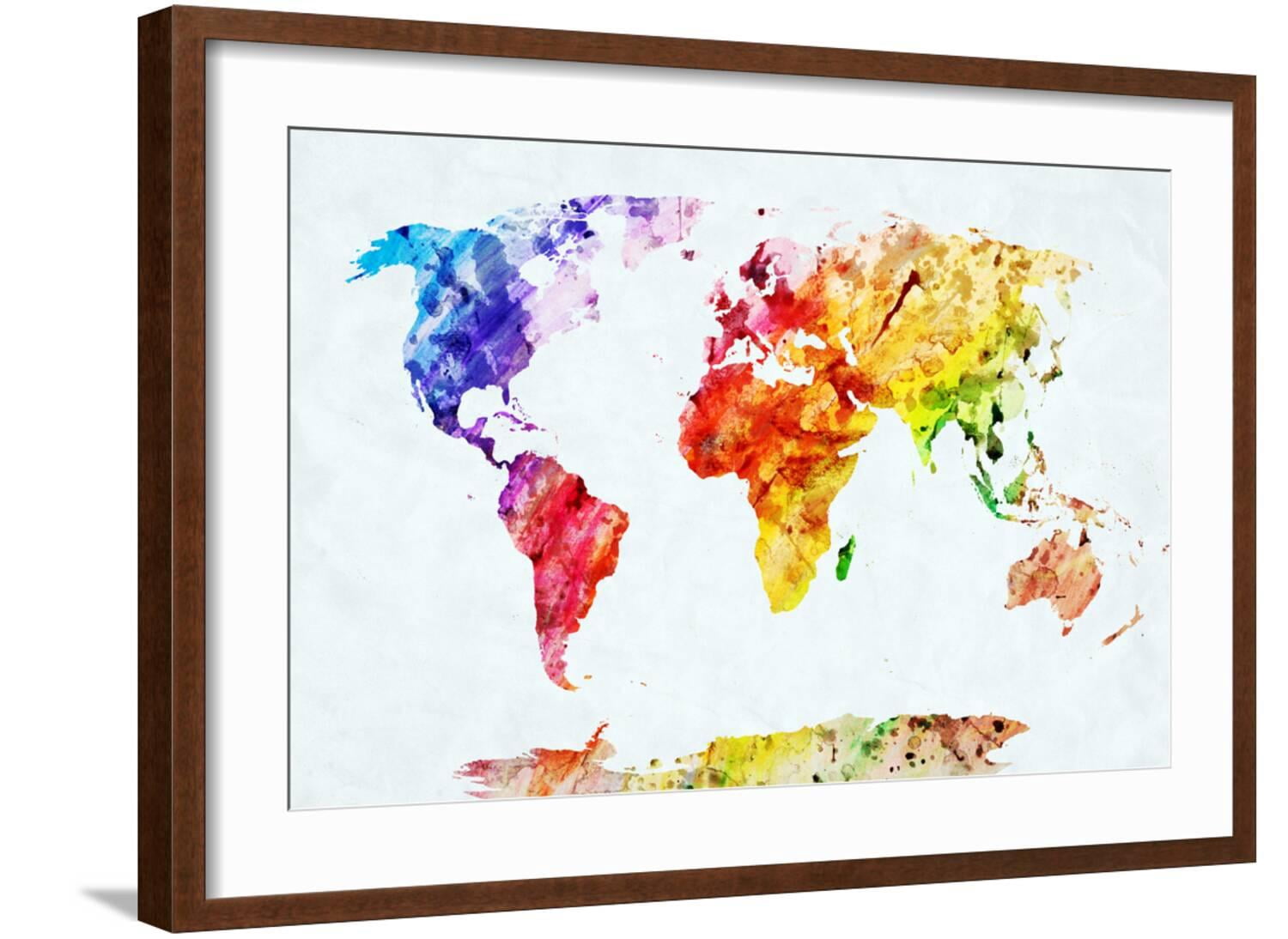 Art.com Watercolor World Map. Colorful Paint on White Paper. HD Quality ...