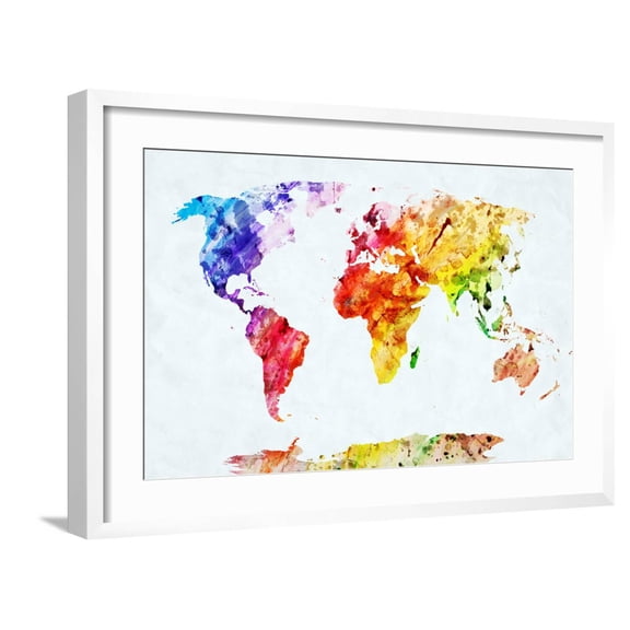 Art.com Watercolor World Map. Colorful Paint on White Paper. HD Quality Art Print by Michal Bednarek, White Frame Wall Art, 29" x 21"