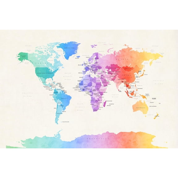 Art.com Watercolour Political Map of the World Art Print by Michael Tompsett, 24" x 16"