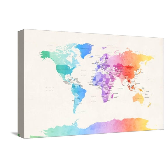 Art.com Watercolour Political Map of the World Stretched Canvas Print Wall Art by Michael Tompsett, 18" x 12"