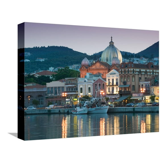 Art.com Waterfront View of Southern Harbor, Lesvos, Mithymna, Northeastern Aegean Islands, Greece Stretched Canvas Print Wall Art by Walter Bibikow, 16" x 12"