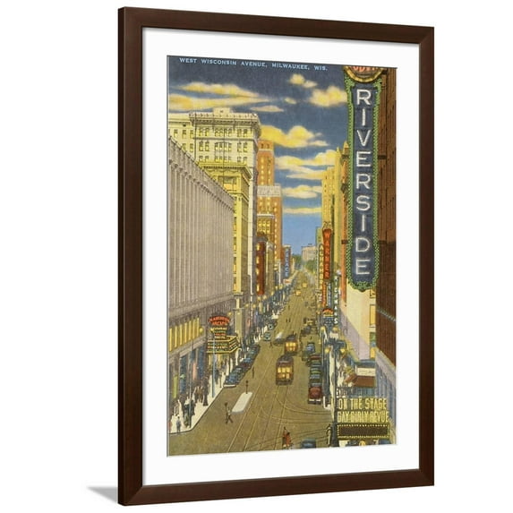 Art.com West Wisconsin Avenue, Milwaukee, Wisconsin Art Print, Brown Frame Wall Art, 32" x 44"