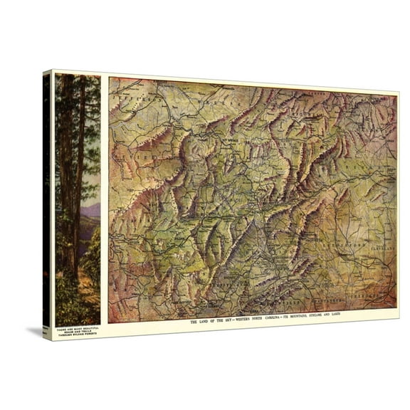 Art.com Western North Carolina - Panoramic Map Stretched Canvas Print Wall Art by Lantern Press, 36" x 24"