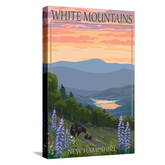 Art.com White Mountains, New Hampshire - Bears and Spring Flowers Stretched Canvas Print Wall Art by Lantern Press, 12" x 18"