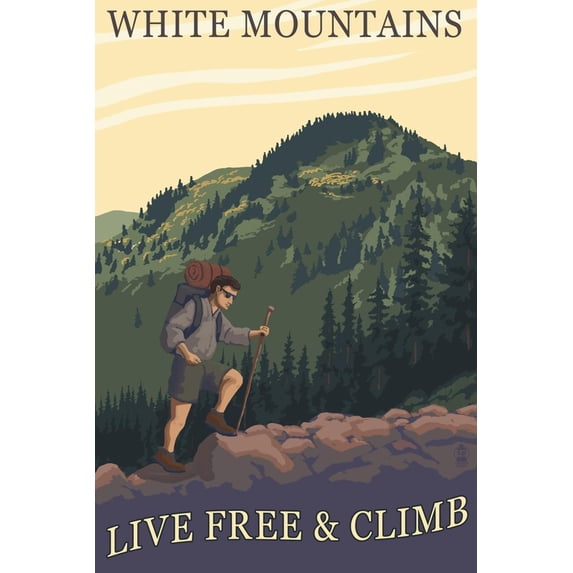 Art.com White Mountains, New Hampshire - Live Free and Climb Hiker Scene Art Print by Lantern Press, 24" x 36"