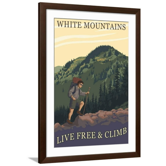 Art.com White Mountains, New Hampshire - Live Free and Climb Hiker Scene Art Print by Lantern Press, Brown Frame Wall Art, 32" x 44"