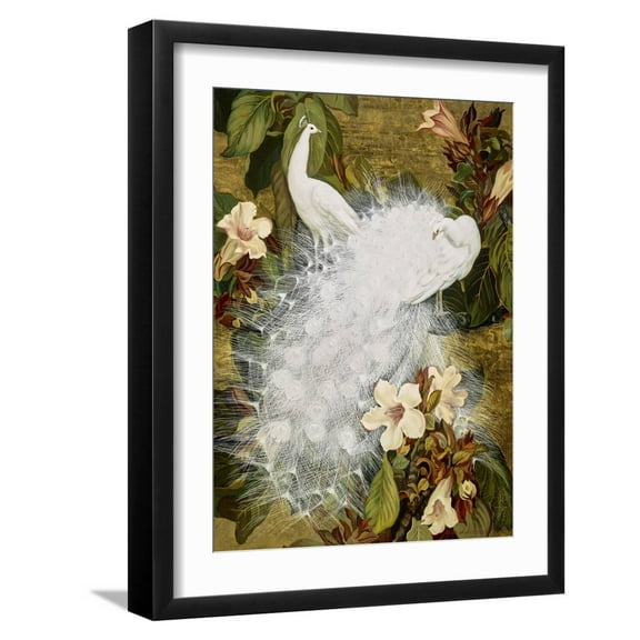 Art.com White Peacocks on Pink Hibiscus Art Print by Jesse Arms Botke, Black Frame Wall Art, 17" x 21"
