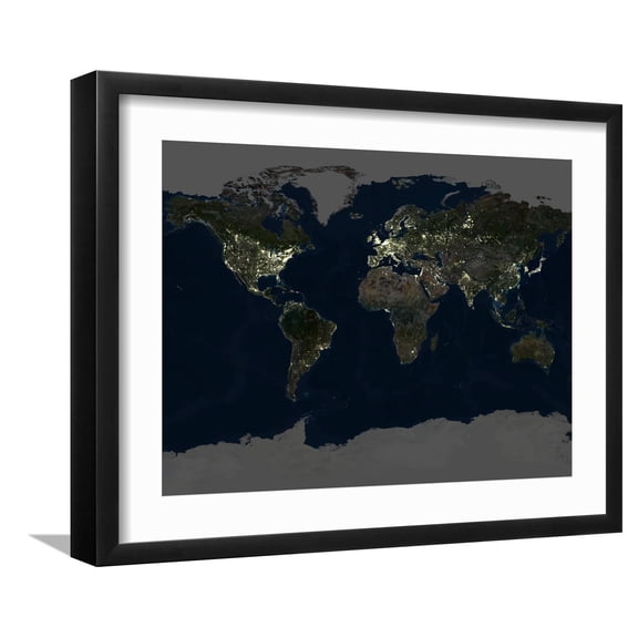 Art.com Whole Earth At Night, Satellite Image Photographic Print by PLANETOBSERVER, Black Frame Wall Art, 21" x 17"