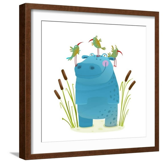 Art.com Wildlife Hippo with Cute Birds Smiling Kids Friends. Happy Hippopotamus Watercolor Style Animal in Art Print by Popmarleo, Brown Frame Wall Art, 21" x 21"