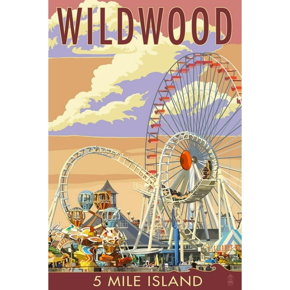 Art.com Wildwood, New Jersey - Pier and Sunset Art Print by Lantern Press, 12" x 18"