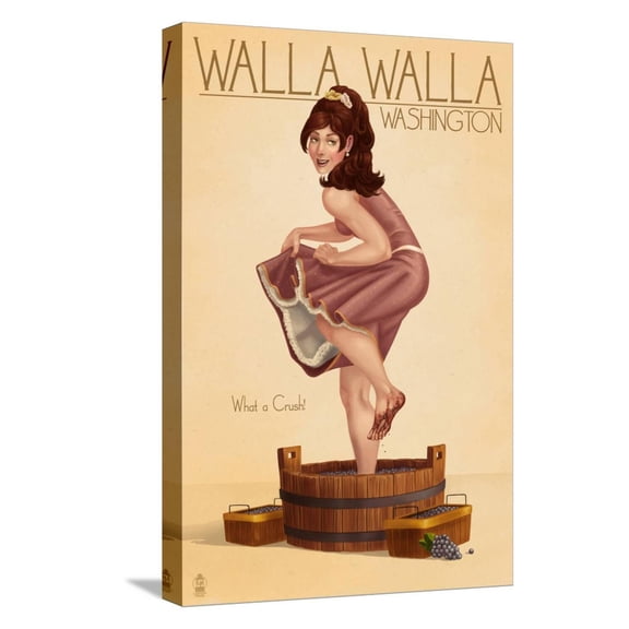 Art.com Wine Crushing Pinup Girl - Walla Walla, Washington Stretched Canvas Print Wall Art by Lantern Press, 12" x 18"
