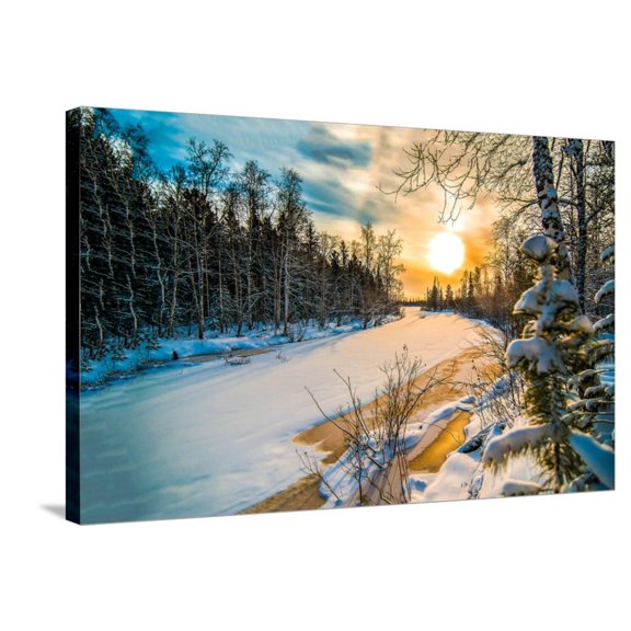 Art.com Winter Forest River Snow Sunset Scene. Snow Covered River in Winter Forest Sunset View. Sunset Snow Stretched Canvas Print Wall Art, 36" x 24"