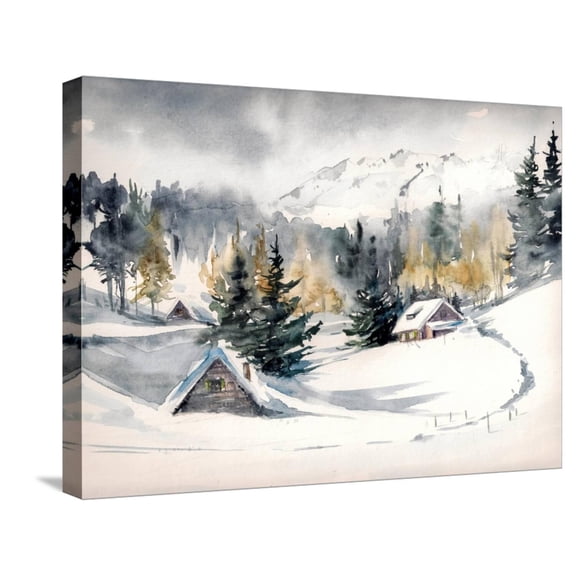 Art.com Winter Landscape with Mountain Village Covered with Snow. Picture Created with Watercolors on Paper Stretched Canvas Print Wall Art by DeepGreen, 24" x 18"