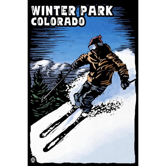 Art.com Winter Park, Colorado - Skier - Scratchboard Art Print by Lantern Press, 24" x 36"