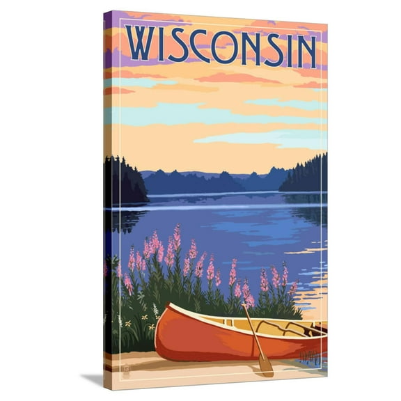 Art.com Wisconsin - Canoe and Lake Stretched Canvas Print Wall Art by Lantern Press, 24" x 36"