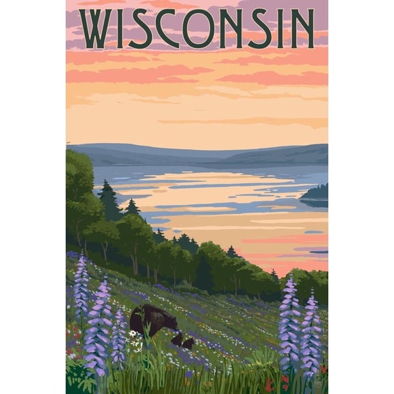 Art.com Wisconsin - Lake and Bear Family Art Print by Lantern Press, 12" x 18"
