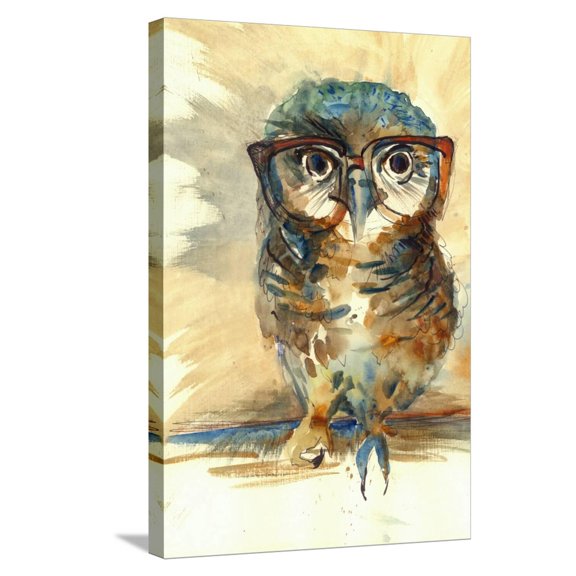 Art.com Wise Owl with Big Eyes in Hipster Glasses Animal Watercolor Painting Poster Colored Print Textile P Stretched Canvas Print Wall Art by Farianna, 16" x 24"
