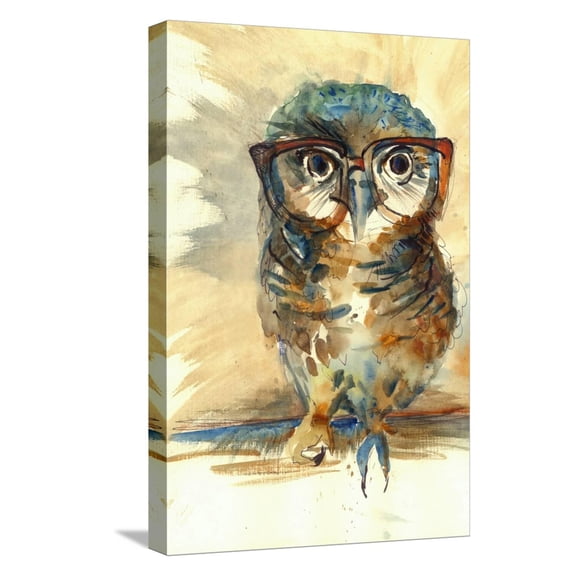 Art.com Wise Owl with Big Eyes in Hipster Glasses Animal Watercolor Painting Poster Colored Print Textile P Stretched Canvas Print Wall Art by Farianna, 12" x 18"