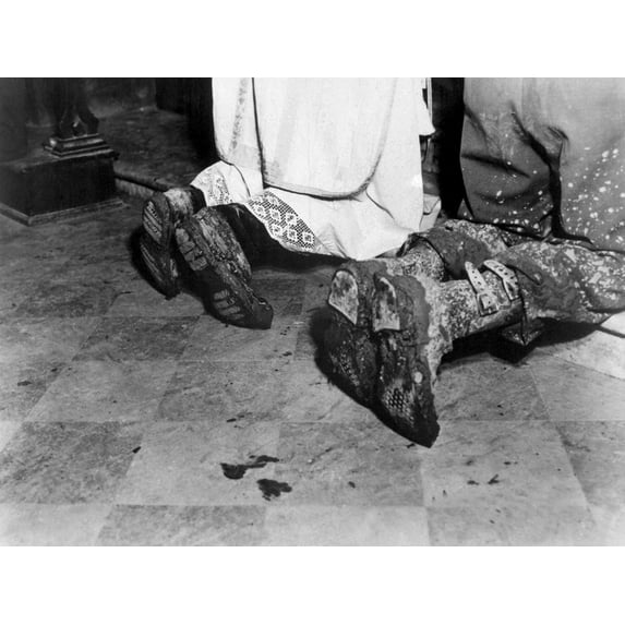 Art.com With Soiled Army Boots, a Chaplain and Soldier Kneel at Catholic Mass Is Held for Two Dead Soldiers Photo, 32" x 24"