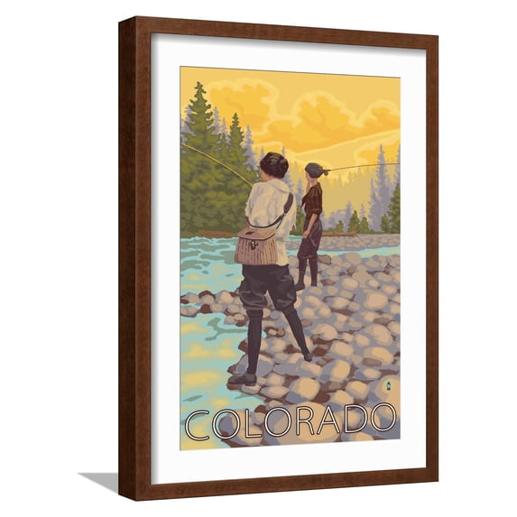 Art.com Women Fly Fishing - Colorado Art Print by Lantern Press, Brown Frame Wall Art, 17" x 23"