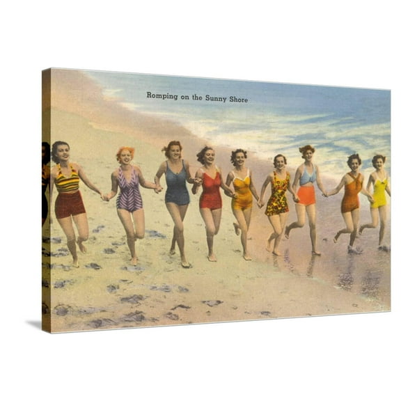 Art.com Women Running on Beach Stretched Canvas Print Wall Art, 36" x 24"