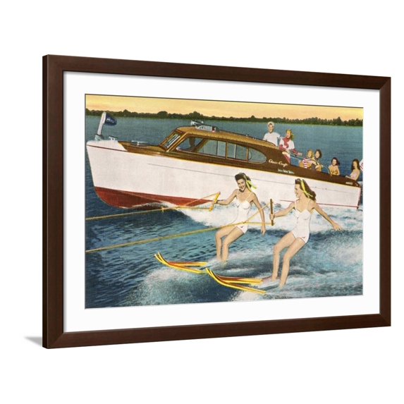 Art.com Women Waterskiing by Motorboat Art Print, Brown Frame Wall Art, 44" x 32"