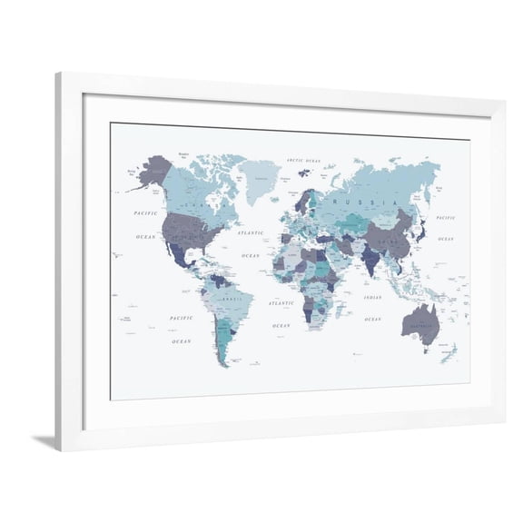 Art.com World Map Blue 1 Art Print by Urban Epiphany, White Frame Wall Art, 44" x 32"