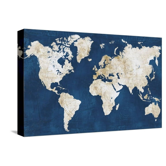 Art.com World Map NavyGold Stretched Canvas Print Wall Art by Alicia Vidal, 18" x 12"