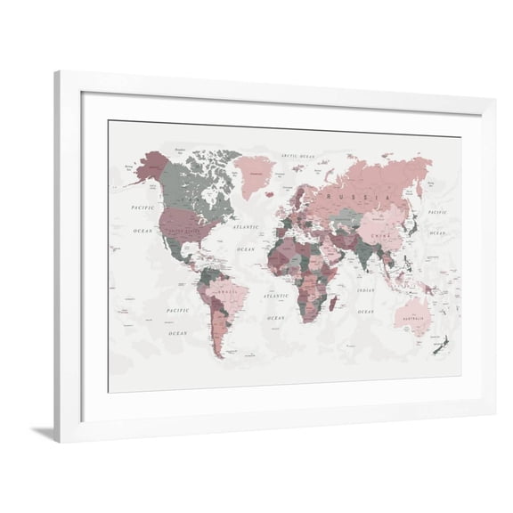 Art.com World Map Pink Green 2 Art Print by Urban Epiphany, White Frame Wall Art, 44" x 32"
