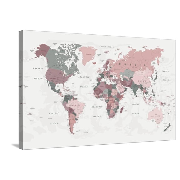 Art.com World Map Pink Green 2 Stretched Canvas Print Wall Art by Urban Epiphany, 36" x 24"